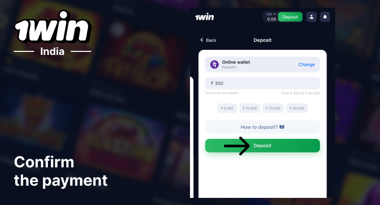Confirm the deposit by clicking on big green 'Deposit' button - 1Win