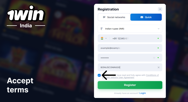 Accept 1Win Terms and Conditions to complete registration