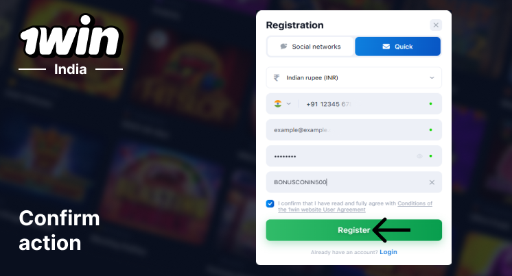 Complete 1Win India Registration by clicking on 'Register' button